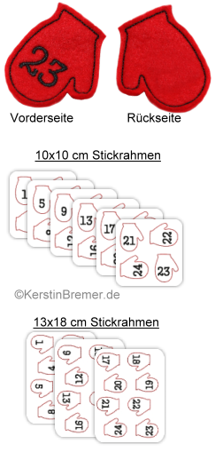 Handschuhe Adventskalender Zahlen ITH Stickdateien für Stickmaschinen von www.KerstinBremer.de