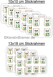 Eulen Adventskalenderzahlen ITH Stickdateien für Stickmaschinen zum Sofort-Download von www.KerstinBremer.de für DIY Adventskalender von Kinder & Erwachsene