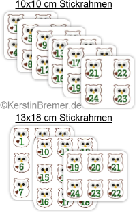 Eule Adventskalenderzahlen ITH Stickdateien für Stickmaschinen zum Sofort-Download von www.KerstinBremer.de für DIY Adventskalender von Kinder & Erwachsene