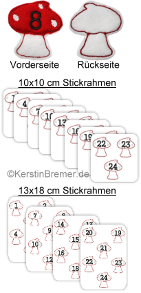 Pilz Adventskalenderzahlen Anhänger ITH Stickdateien für Stickmaschinen von www.KerstinBremer.de