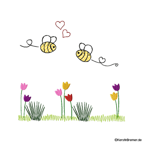Biene in Love Wiese Doodle Stickdatei