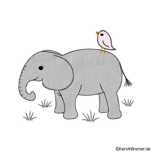 Elefant mit Vogel Doodle Stickdatei