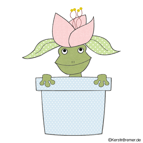 Doodle Stickdatei Frosch im Blumentopf